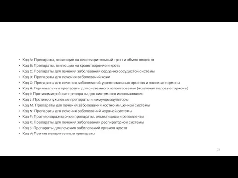 Код A: Препараты, влияющие на пищеварительный тракт и обмен веществ Код B: Препараты,