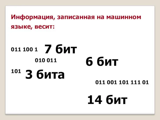 Информация, записанная на машинном языке, весит: 011 100 1 010