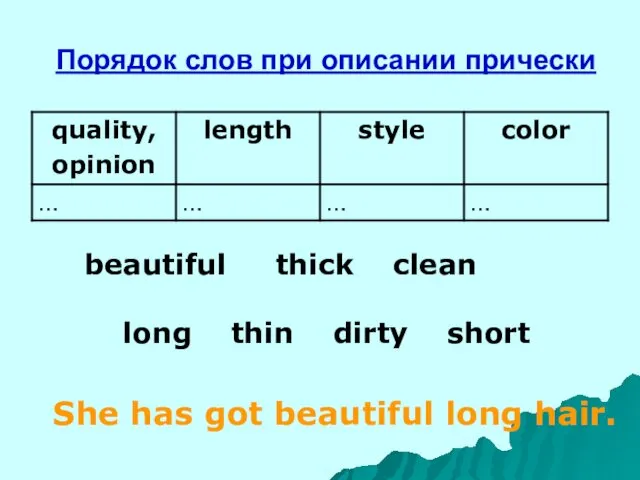 Порядок слов при описании прически beautiful thick clean long thin