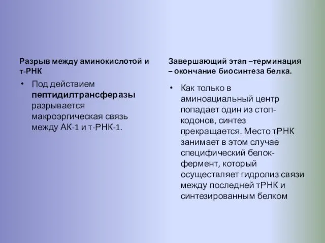 Разрыв между аминокислотой и т-РНК Под действием пептидилтрансферазы разрывается макроэргическая связь между АК-1