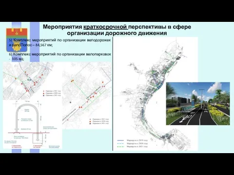 5) Комплекс мероприятий по организации велодорожек и велоПолос – 84,567 км; 6) Комплекс