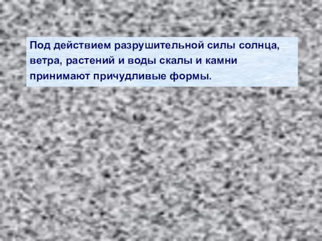 Под действием разрушительной силы солнца, ветра, растений и воды скалы и камни принимают причудливые формы.