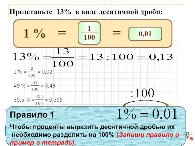 Представьте 13% в виде десятичной дроби: