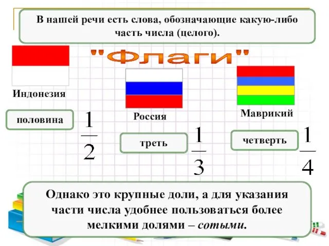 В нашей речи есть слова, обозначающие какую-либо часть числа (целого).