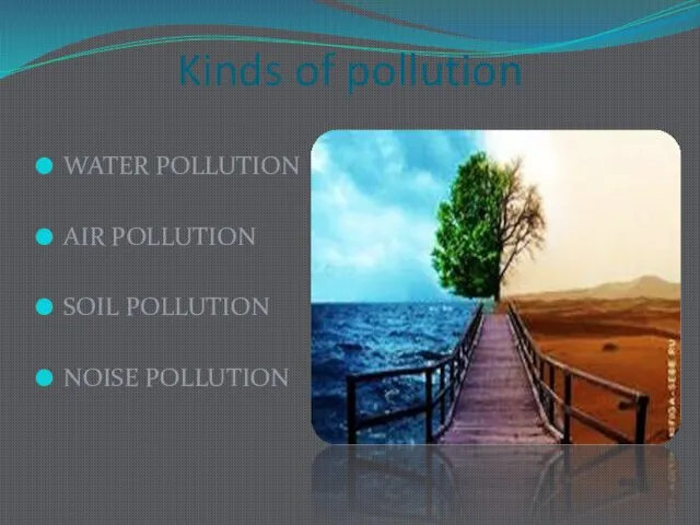 Kinds of pollution WATER POLLUTION AIR POLLUTION SOIL POLLUTION NOISE POLLUTION