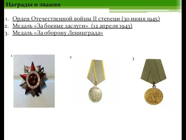 Награды и звания Орден Отечественной войны II степени (30 июня
