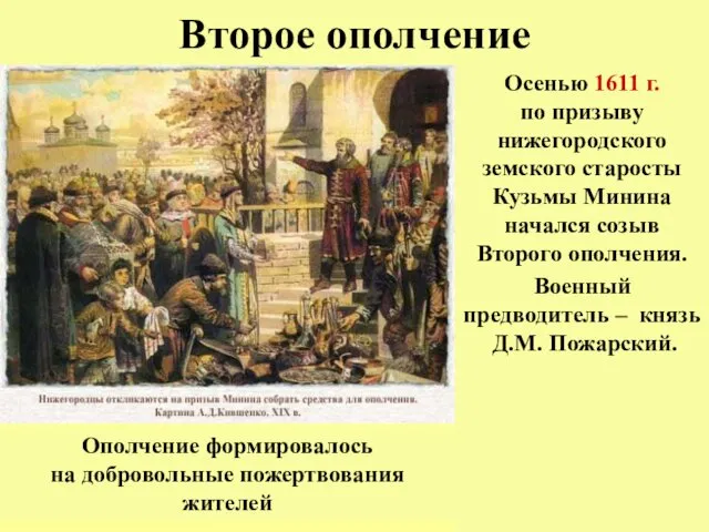 Второе ополчение Осенью 1611 г. по призыву нижегородского земского старосты Кузьмы Минина начался