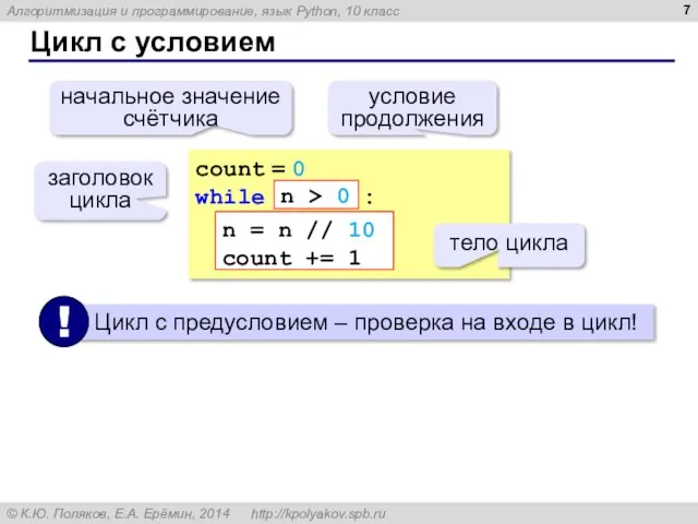 Цикл с условием count = 0 while : n =