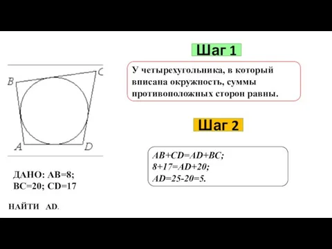 Шаг 1 У четырехугольника, в который вписана окружность, суммы противоположных