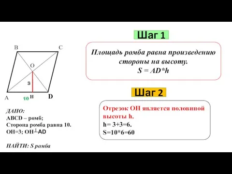 Шаг 1 Площадь ромба равна произведению стороны на высоту. S