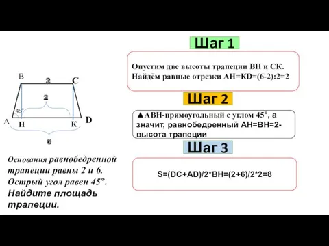 Шаг 1 Опустим две высоты трапеции ВН и СК. Найдём