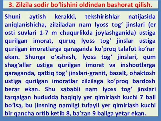 3. Zilzila sodir bo‘lishini oldindan bashorat qilish. Shuni aytish kerakki,