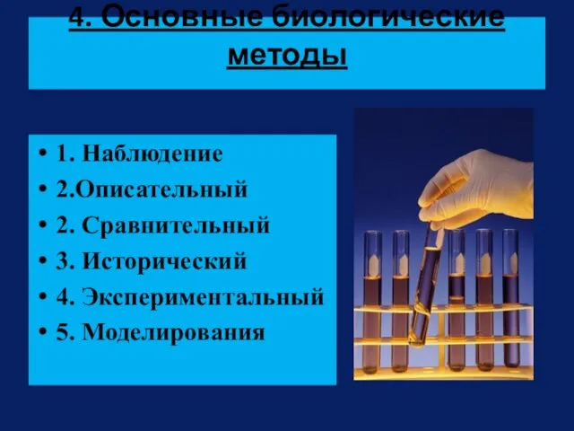 4. Основные биологические методы 1. Наблюдение 2.Описательный 2. Сравнительный 3. Исторический 4. Экспериментальный 5. Моделирования