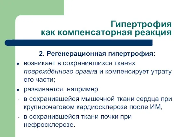 Гипертрофия как компенсаторная реакция 2. Регенерационная гипертрофия: возникает в сохранившихся