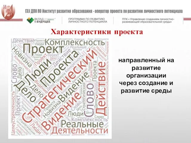 направленный на развитие организации через создание и развитие среды Характеристики проекта