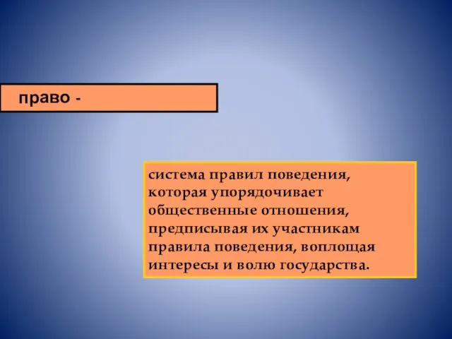 право - система правил поведения, которая упорядочивает общественные отношения, предписывая их участникам правила