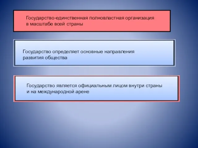 Государство-единственная полновластная организация в масштабе всей страны Государство определяет основные направления развития общества