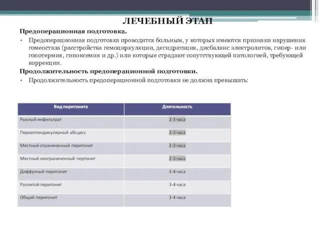 ЛЕЧЕБНЫЙ ЭТАП Предоперационная подготовка. Предоперационная подготовка проводится больным, у которых