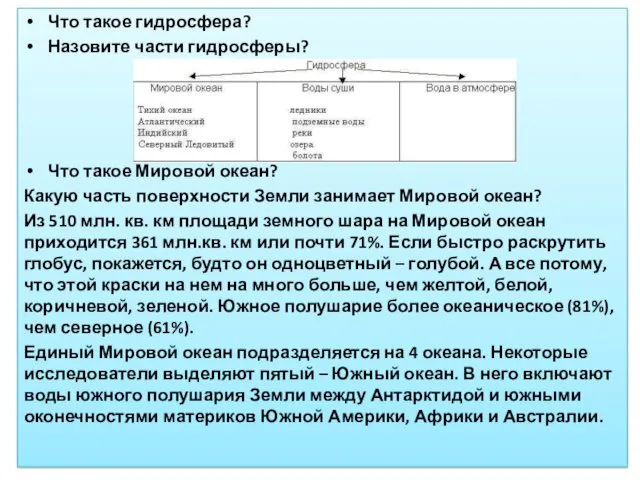 Что такое гидросфера? Назовите части гидросферы? Что такое Мировой океан?