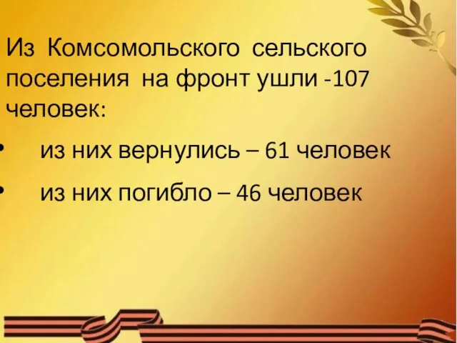 Из Комсомольского сельского поселения на фронт ушли -107человек: из них вернулись – 61