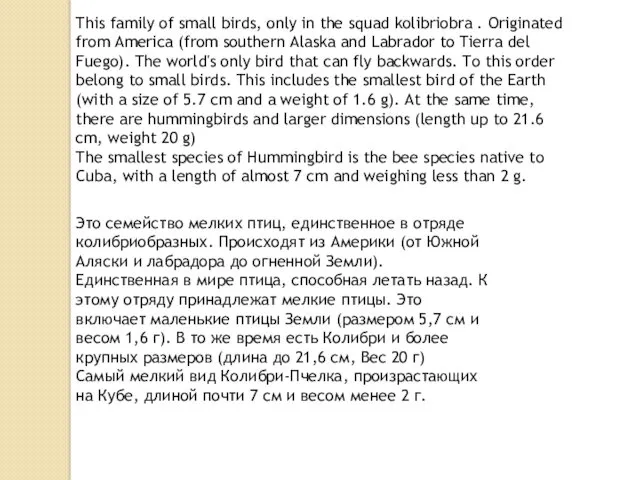 This family of small birds, only in the squad kolibriobra