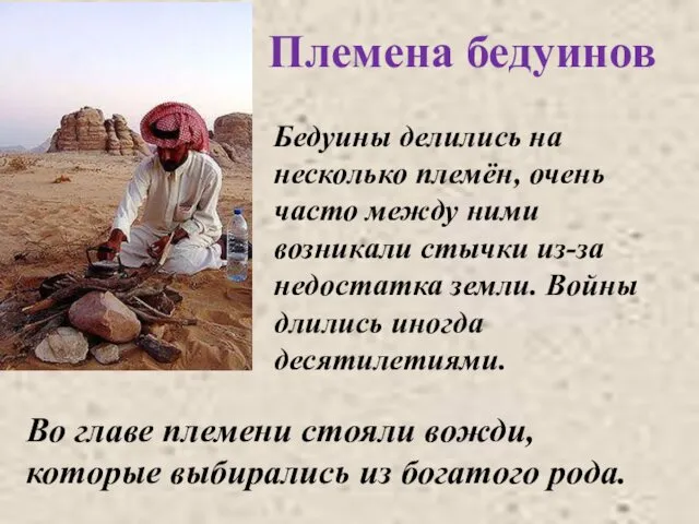 Бедуины делились на несколько племён, очень часто между ними возникали стычки из-за недостатка