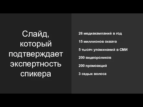 Слайд, который подтверждает экспертность спикера 26 медиакампаний в год 15