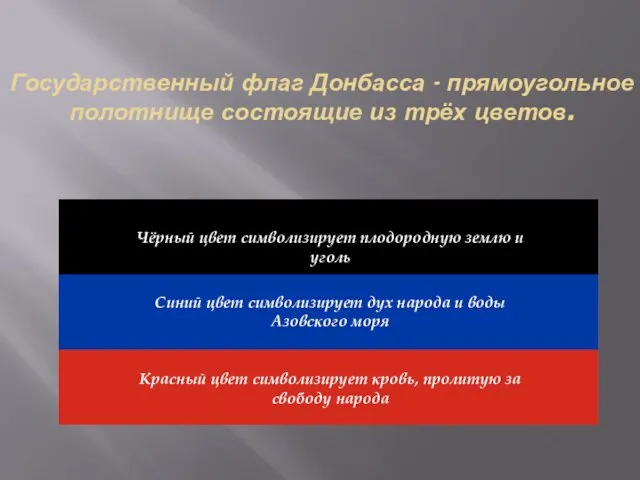 Государственный флаг Донбасса - прямоугольное полотнище состоящие из трёх цветов.