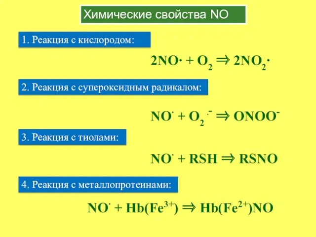 Химические свойства NO 1. Реакция с кислородом: 2NO∙ + O2