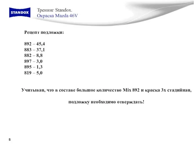 Тренинг Standox. Окраска Mazda 46V Рецепт подложки: 892 – 45,4