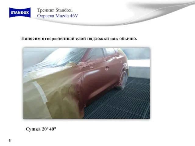 Тренинг Standox. Окраска Mazda 46V Наносим отвержденный слой подложки как обычно. Сушка 20′ 40⁰