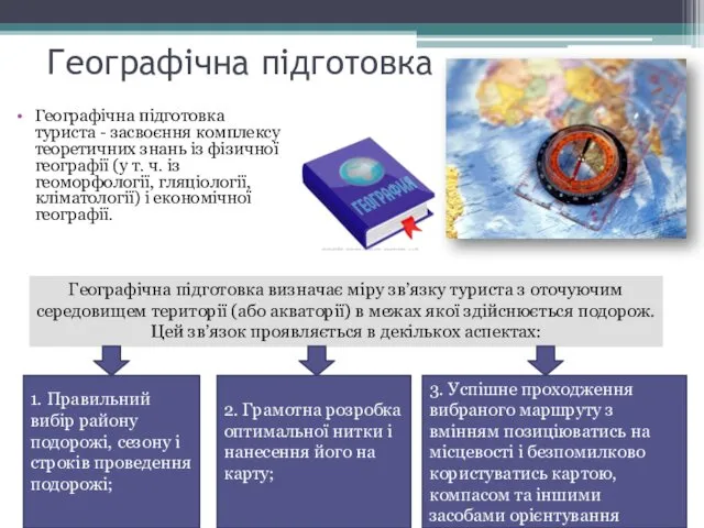 Географічна підготовка Географічна підготовка туриста - засвоєння комплексу теоретичних знань