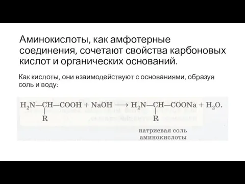 Аминокислоты, как амфотерные соединения, сочетают свойства карбоновых кислот и органических