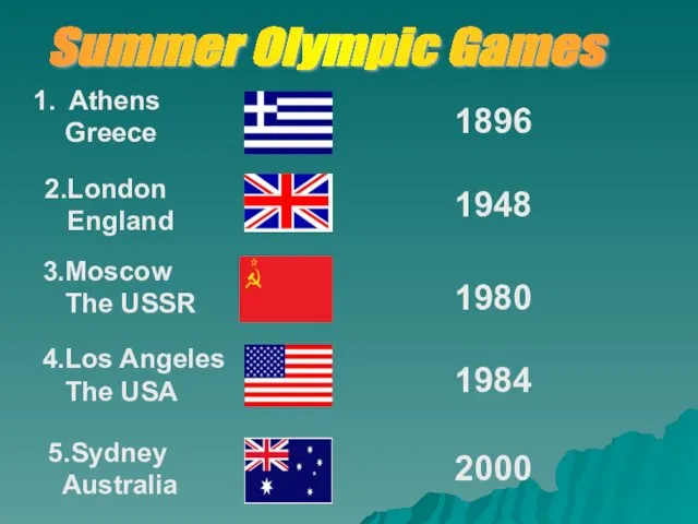 Summer Olympic Games Athens Greece 2.London England 3.Moscow The USSR