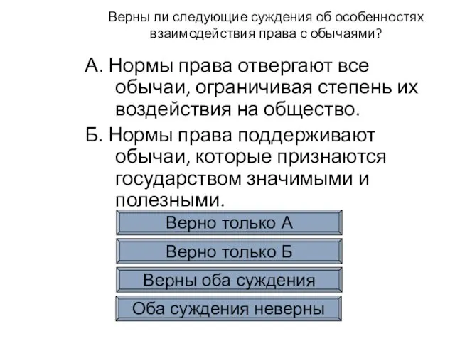 Верны ли следующие суждения об особенностях взаимодействия права с обычаями?