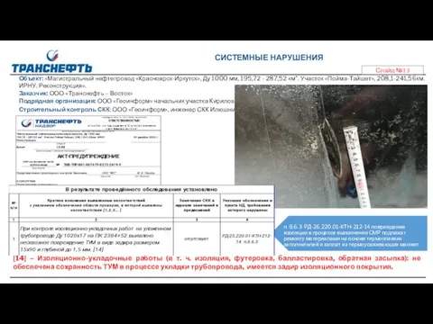 Объект: «Магистральный нефтепровод «Красноярск-Иркутск», Ду 1000 мм, 195,72 - 287,52