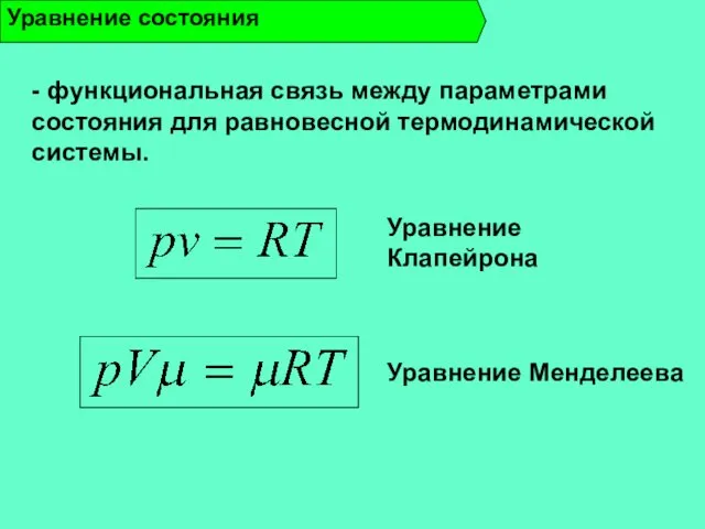 Уравнение состояния Уравнение Клапейрона - функциональная связь между параметрами состояния для равновесной термодинамической системы. Уравнение Менделеева