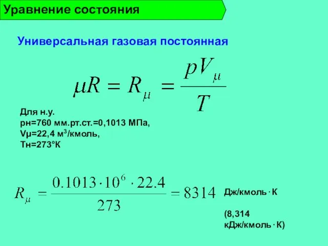Уравнение состояния Универсальная газовая постоянная Для н.у. pн=760 мм.рт.ст.=0,1013 МПа, Vμ=22,4 м3/кмоль, Тн=273°К Дж/кмоль⋅К (8,314 кДж/кмоль⋅К)