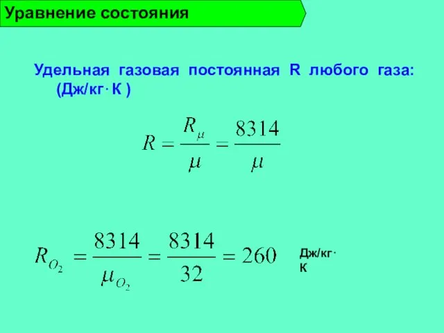 Уравнение состояния Дж/кг⋅К Удельная газовая постоянная R любого газа: (Дж/кг⋅К )