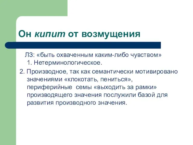 Он кипит от возмущения ЛЗ: «быть охваченным каким-либо чувством» 1.