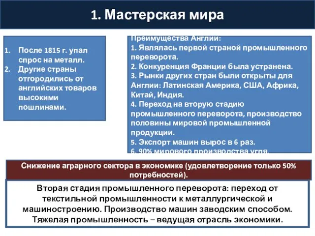 1. Мастерская мира После 1815 г. упал спрос на металл.