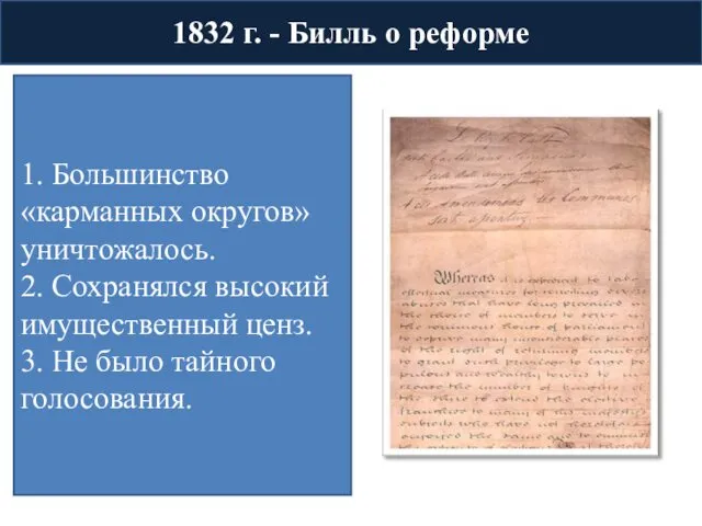 1832 г. - Билль о реформе 1. Большинство «карманных округов»