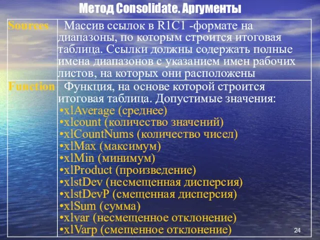 Метод Consolidate. Аргументы