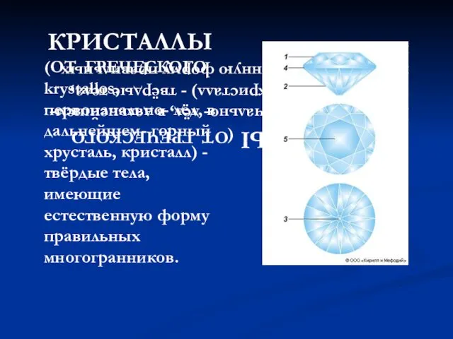 КРИСТАЛЛЫ (ОТ ГРЕЧЕСКОГО krystallos, первоначально- лёд, в дальнейшем- горный хрусталь,