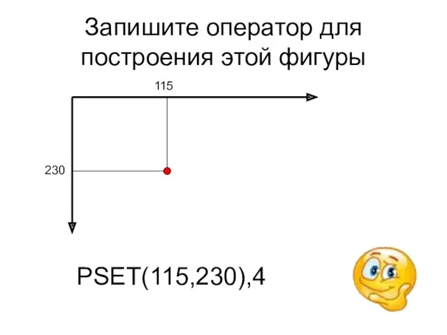 Запишите оператор для построения этой фигуры PSET(115,230),4
