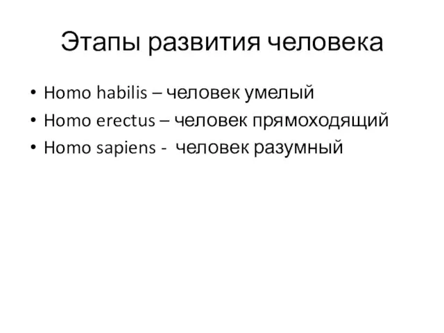 Этапы развития человека Homo habilis – человек умелый Homo erectus