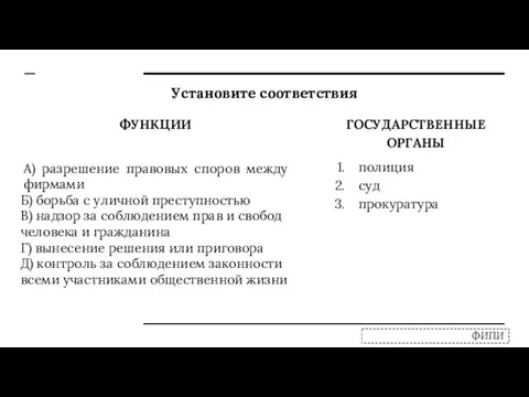 Установите соответствия ФУНКЦИИ А) разрешение правовых споров между фирмами Б)