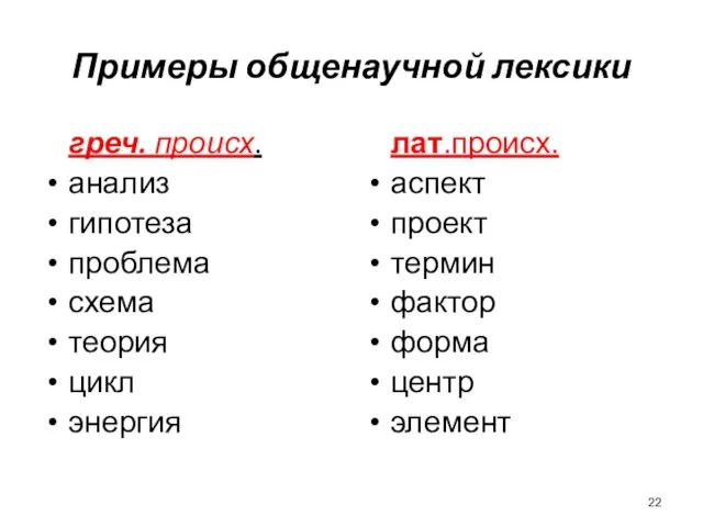 Примеры общенаучной лексики греч. происх. анализ гипотеза проблема схема теория