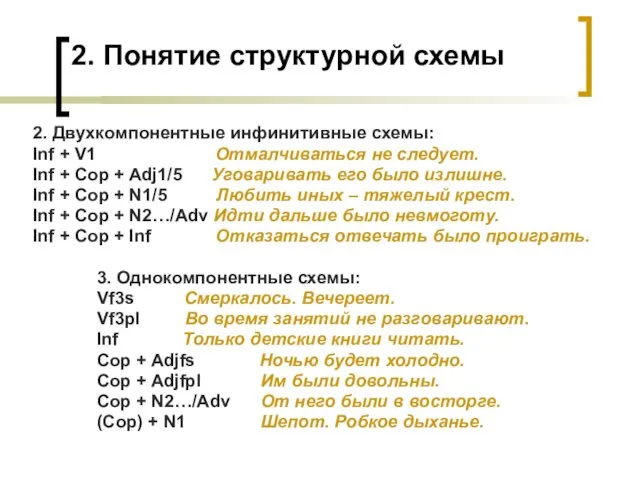 2. Понятие структурной схемы 2. Двухкомпонентные инфинитивные схемы: Inf +