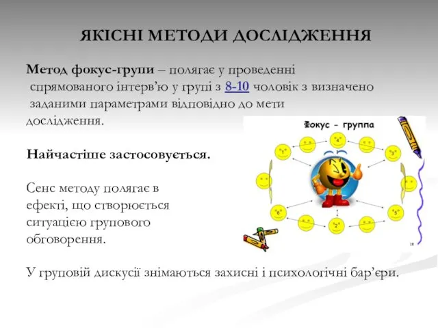 ЯКІСНІ МЕТОДИ ДОСЛІДЖЕННЯ Метод фокус-групи – полягає у проведенні спрямованого